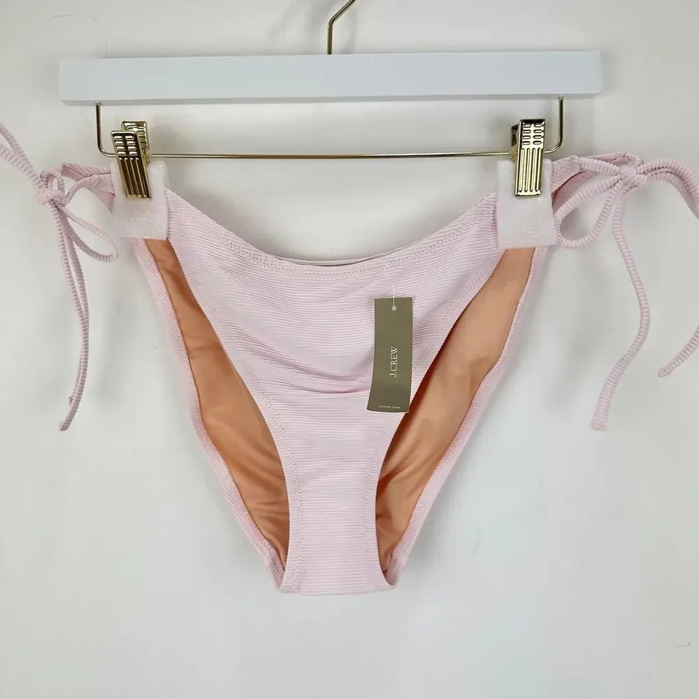 J.Crew Ribbed Ribbed Curved Waist Cheeky String Bikini Bottom Pink XL NWT